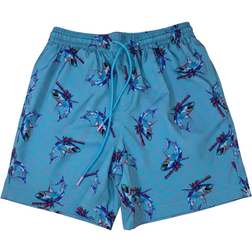 Retro Mens Shark with Laser Cannons Swim Trunks Blue Pink Geometric Large